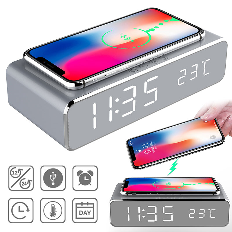LED Electric Alarm Clock With Wireless Charger Desktop Digital Despertador Thermometer Clock HD
